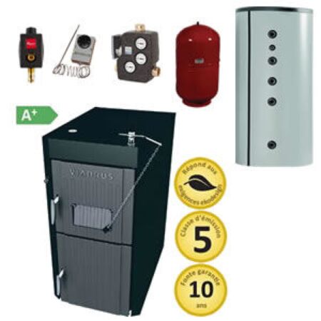 PACK hydroaccumulation avec chaudière bois bûche Viadrus en fonte U22 ECONOMY puissance 34 kW, chaudière bois à gazéification sans extracteur et sans électronique, classe 5 selon la norme EN303-5, ecodesign