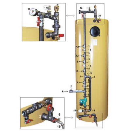 Unité de raccordement avec une autre chaudière, un chauffe eau , des radiateurs S30 , S40