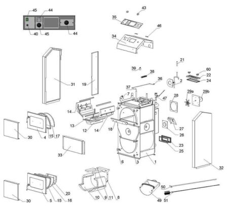Vue éclatée chaudière bois De Dietrich CBI 20 - 32 GS gamme 2020
