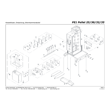 Vue éclatée pièces détachées PE1 25-35 kW — Corps de chaudière et désendrage — Fröling