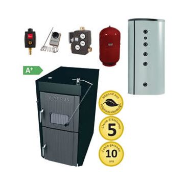 PACK hydroaccumulation avec chaudière bois bûche Viadrus en fonte U22 ECONOMY puissance 34 kW, chaudière bois à gazéification sans extracteur et sans électronique, classe 5 selon la norme EN303-5, ecodesign