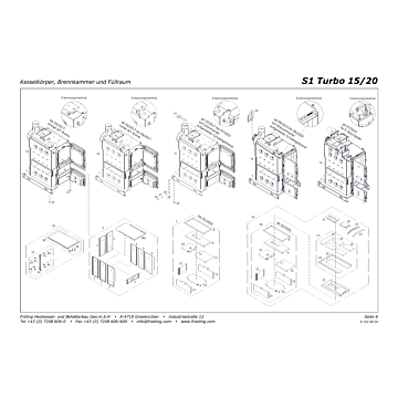 Vue éclatée S1 Turbo 15/20 kW (à partir de 2016) - Corps de chaudière, chambre de combustion et chambre de chargement (s01)