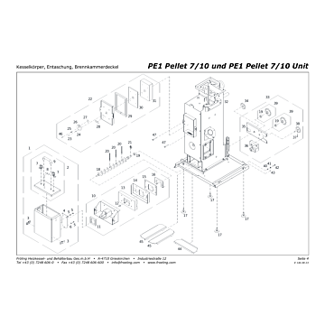 Vue éclatée PE1 7/10 kW - Corps de chaudière, décendrage, couvercle de chambre de combustion (S01)
