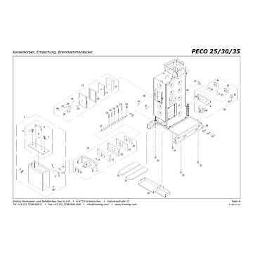 Vue éclatée PECO 25-30-35 kW - Corps de chaudière, Décendrage, Couvercle chambre de combustion (s01)