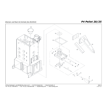 Vue éclatée P4 20-25 kW - Brûleur et grille avec entraînement (jusqu'à 12/2009) (s2a)