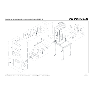 Vue éclatée PE1 15-20 kW (départ en bas) - Corps de chaudière, décendrage, couvercle chambre de combustion (jusqu'à 09/2014) (s01a)