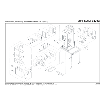 Vue ?clat?e PE1 15-20 kW (d?part en bas) - Corps de chaudi?re, d?cendrage, couvercle chambre de combustion (? partir de 10/2014) (s01b)