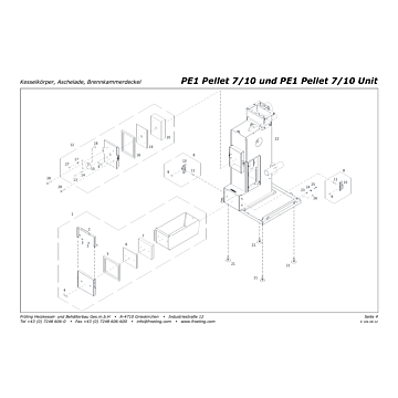 Vue éclatée PE1 7-10 kW (à partir de 2013) - Corps de chaudière, tiroir à cendres, couvercle chambre de combustion (s01)