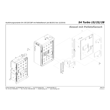 Vue éclatée S4 Turbo 15-22-28 kW - Variante S4-15F/22F/28F avec bride pellets (08/2013 à 12/2019) (s10b)